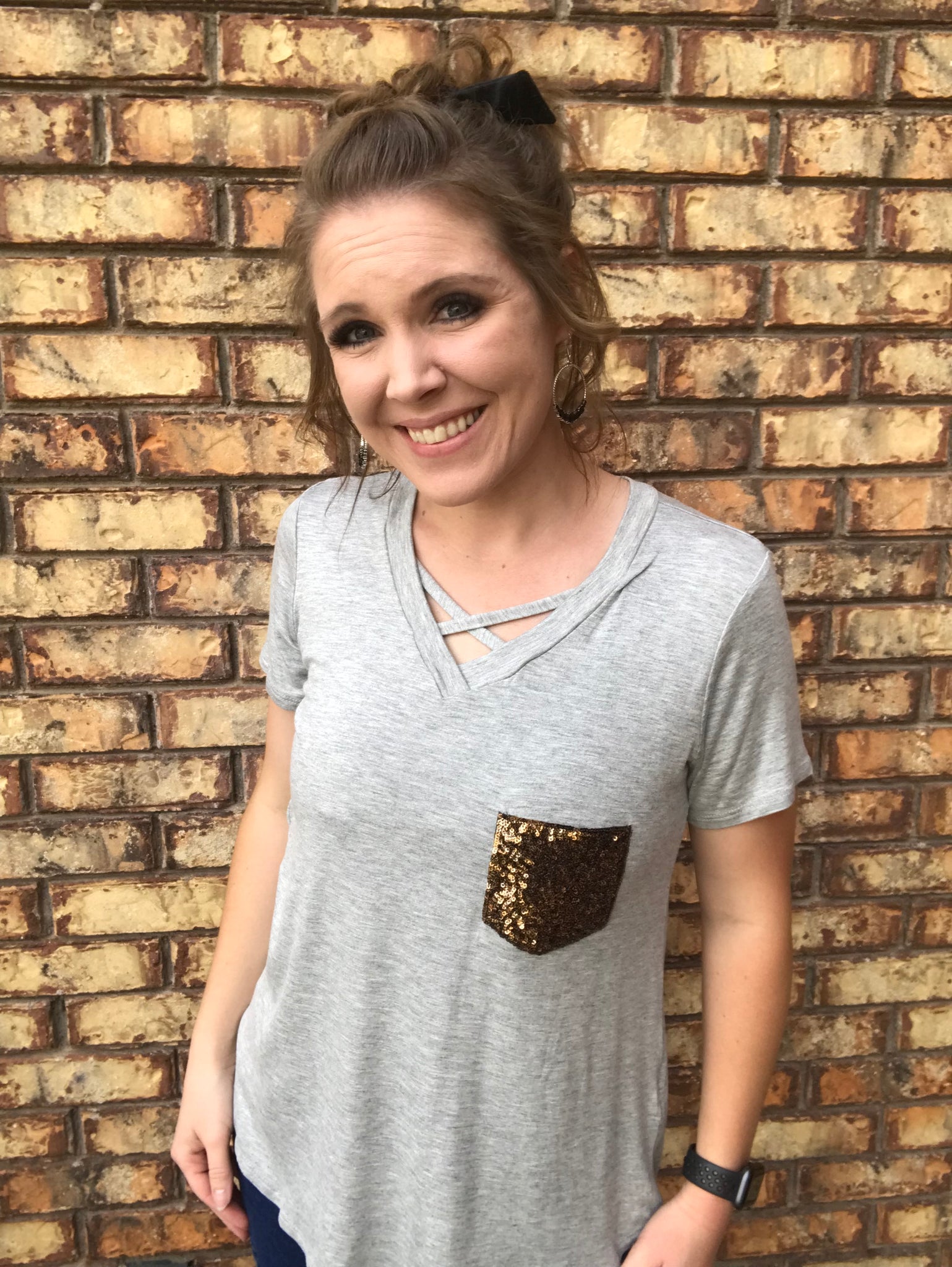 Heather gray criss cross shirt with sequin pocket