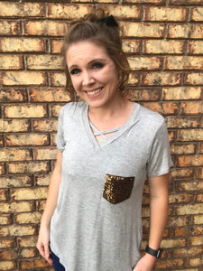 Heather gray criss cross shirt with sequin pocket