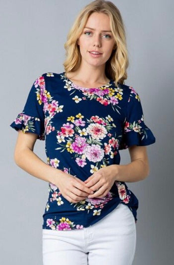 Navy Floral Bell Sleeves Top