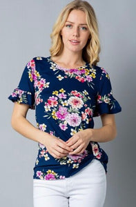 Navy Floral Bell Sleeves Top