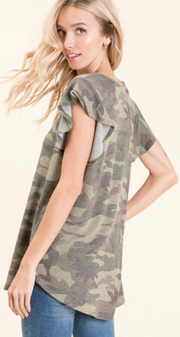 Camo Ruffle Sleeve Top