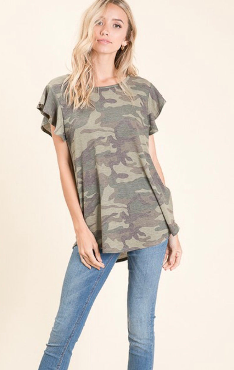 Camo Ruffle Sleeve Top