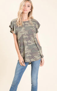 Camo Ruffle Sleeve Top