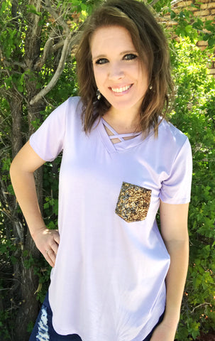 Lavender criss cross shirt with gold pocket
