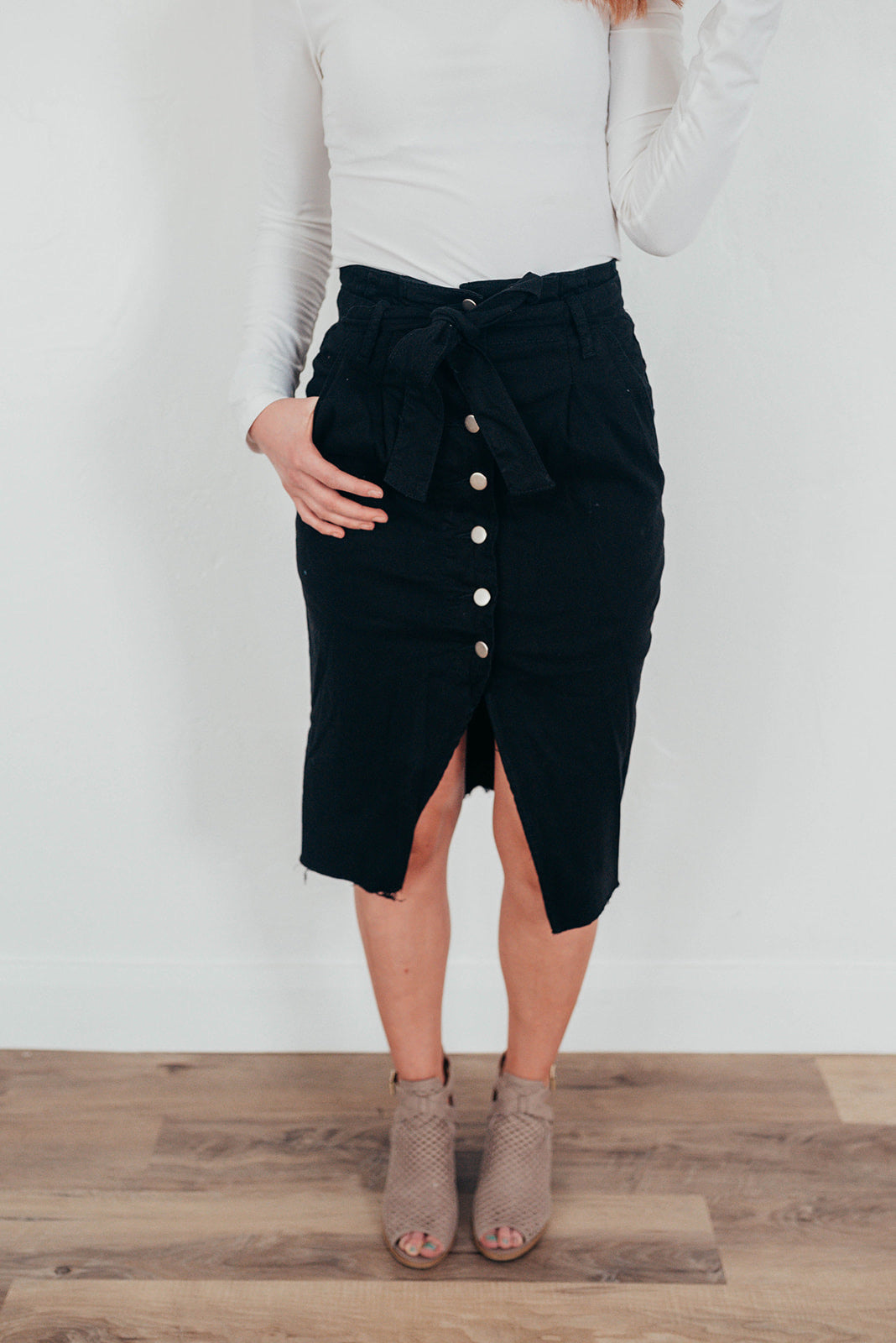 Black Button Denim Skirt