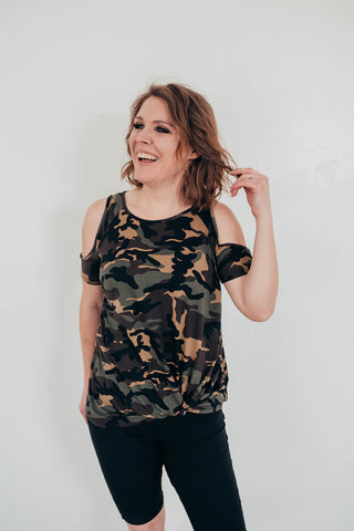 Camo Cold Shoulder Top