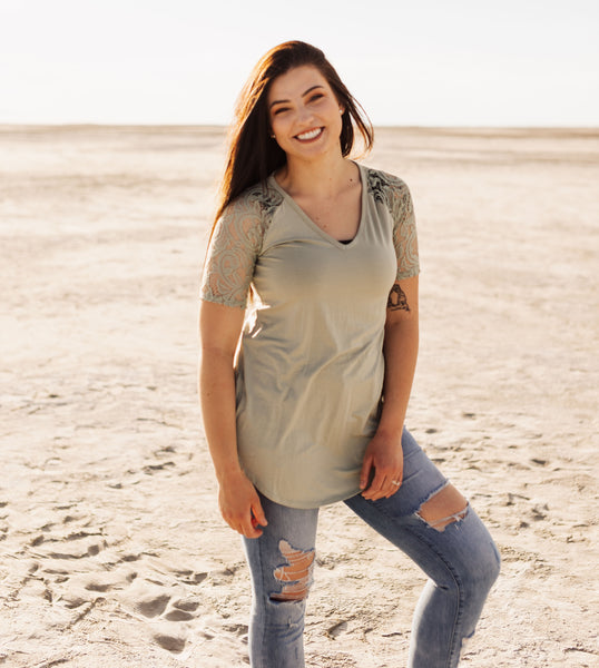 Sage Green Lace Sleeve Top