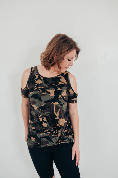 Camo Cold Shoulder Top