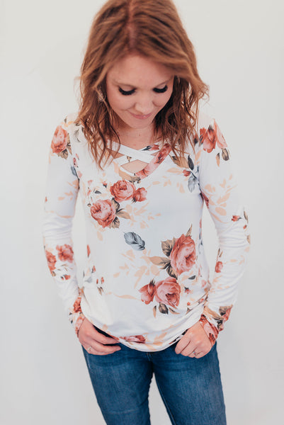 White floral criss cross shirt