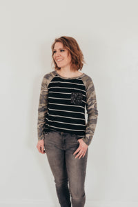 Camo Striped Glitter Pocket Top