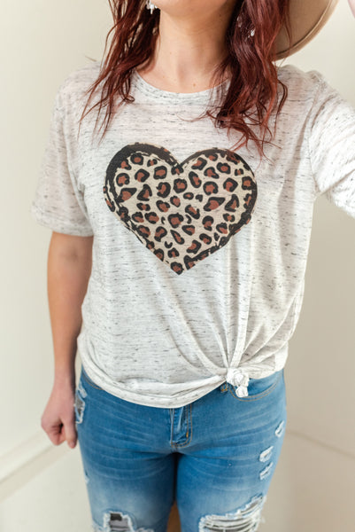 White fleck Leopard heart graphic tee shirt