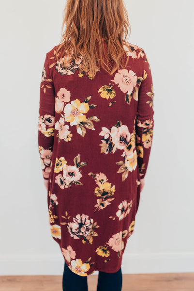 Red floral cardigan