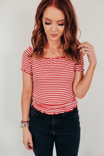 Red Striped Ruffle Top shirt