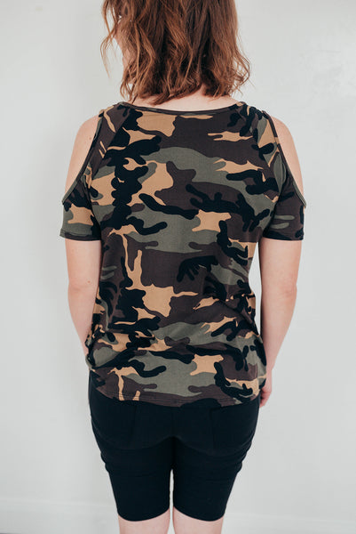 Camo Cold Shoulder Top