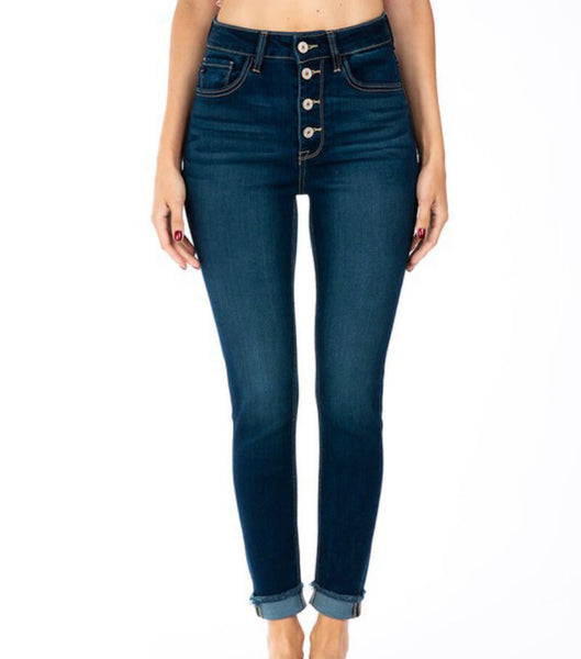 Medium wash rolled cuff button fly kancan jeans
