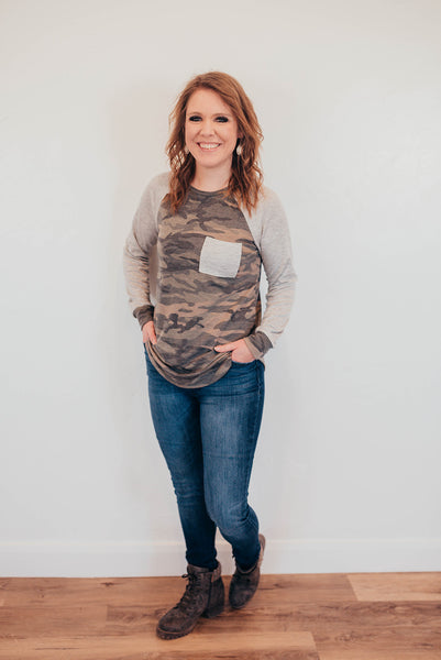 Camo shirt with gray sleeves