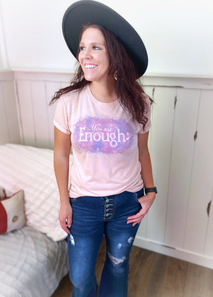 You are enough peach tee with tie dye words