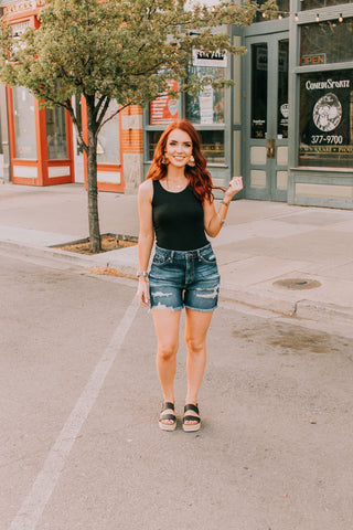 Dark Wash Distressed Kan Can Shorts