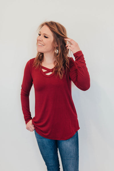 Plus size Burgundy criss cross shirt