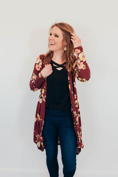 Red floral cardigan