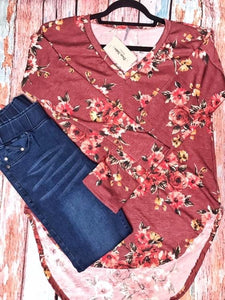 Burgundy floral V-neck shirt