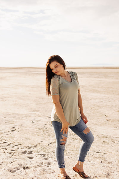 Sage Green Lace Sleeve Top