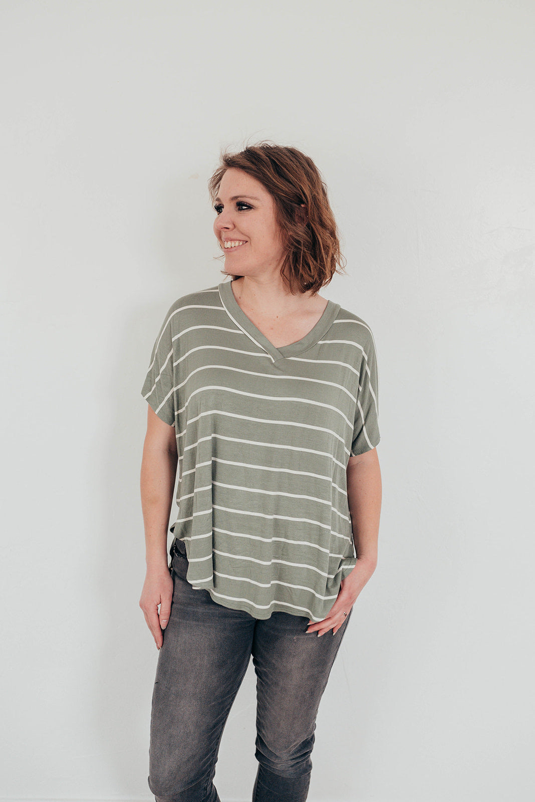 Sage and white striped tunic