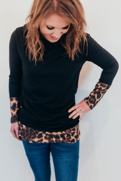 Black shirt with leopard trim