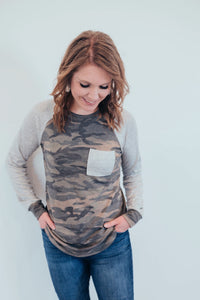 Camo shirt with gray sleeves