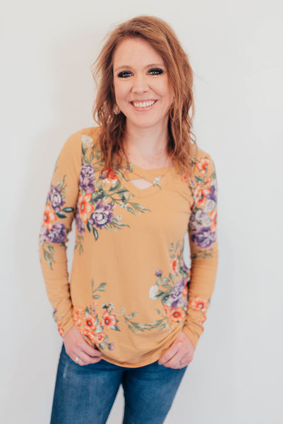 Dark mustard floral criss cross shirt