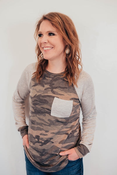 Camo shirt with gray sleeves
