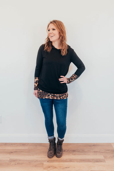 Black shirt with leopard trim