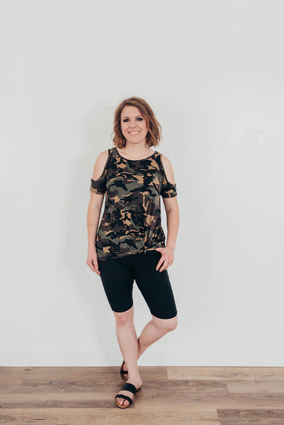 Camo Cold Shoulder Top