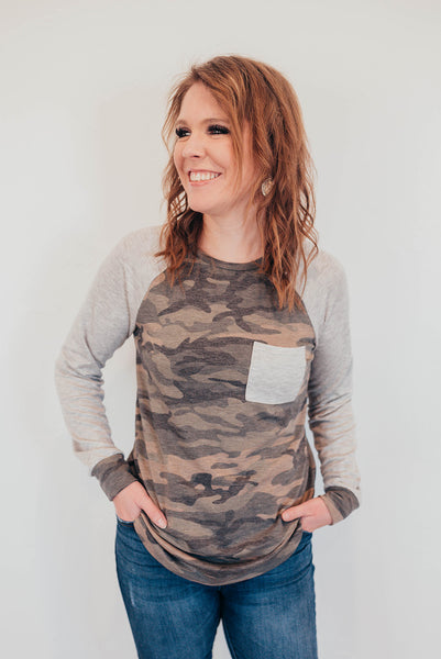 Camo shirt with gray sleeves