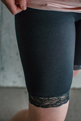 Ribbed Black Lacey Biker Shorts