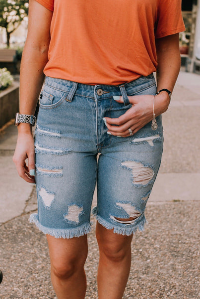 Light Wash Medium Length Kan Can Shorts