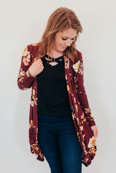 Red floral cardigan