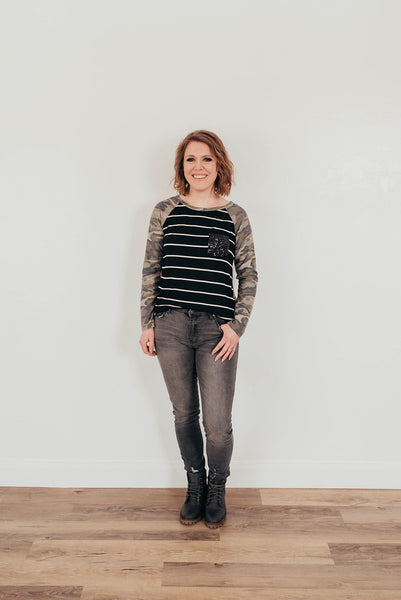 Camo Striped Glitter Pocket Top