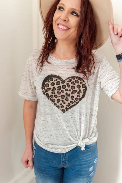 White fleck Leopard heart graphic tee shirt