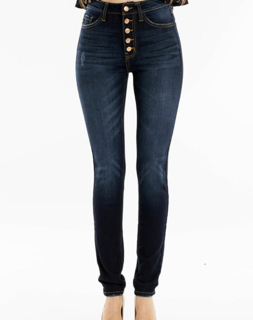 Dark wash button fly kancan jeans