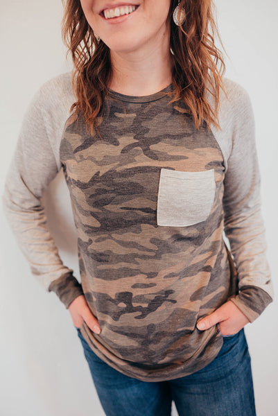 Camo shirt with gray sleeves
