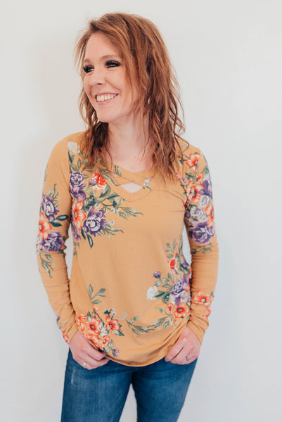 Dark mustard floral criss cross shirt